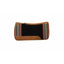 Weaver Equine 31" x 32" New Zealand Wool Saddle Pad for western riding. This black saddle pad features cream and red geometric diamond patterns on the ends, tan leather wear leathers with a branded logo, and a contoured top line. Durable and stylish equestrian tack ideal for horse owners, trail riding, and ranch work.
