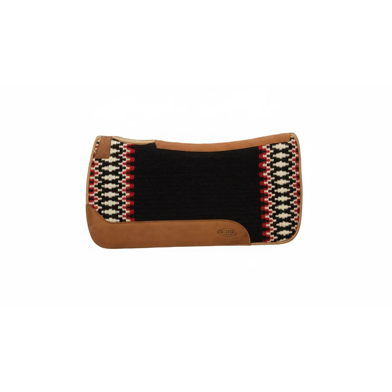 Weaver Equine 31" x 32" New Zealand Wool Saddle Pad for western riding. This black saddle pad features cream and red geometric diamond patterns on the ends, tan leather wear leathers with a branded logo, and a contoured top line. Durable and stylish equestrian tack ideal for horse owners, trail riding, and ranch work.