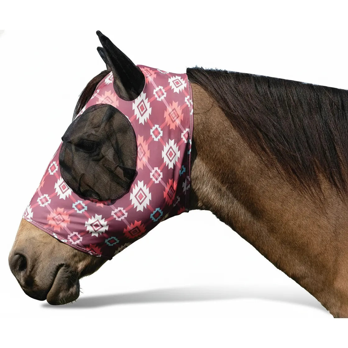 Weaver Leather Covered Ear Fly Mask featuring a vibrant maroon Southwest geometric print. This 4-way stretch spandex horse fly mask provides a snug, form-fitting seal with integrated ear protection and breathable mesh eye covers. A stylish and functional equestrian accessory designed to protect horses from flies and pests while ensuring comfort in the pasture.