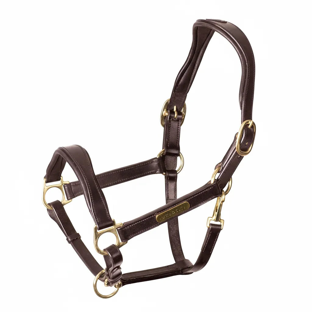 Shires Velociti Rapida Padded Leather Halter in havana brown with elegant brass hardware and the ergonomic FreedomFit crown. This premium leather horse halter features soft padding on the noseband and headpiece for maximum comfort, dual-sided adjustable buckles, a brass nameplate, and a quick-snap throat lash. A sophisticated choice for equestrian enthusiasts seeking luxury, high-performance horse tack for showing or daily use.