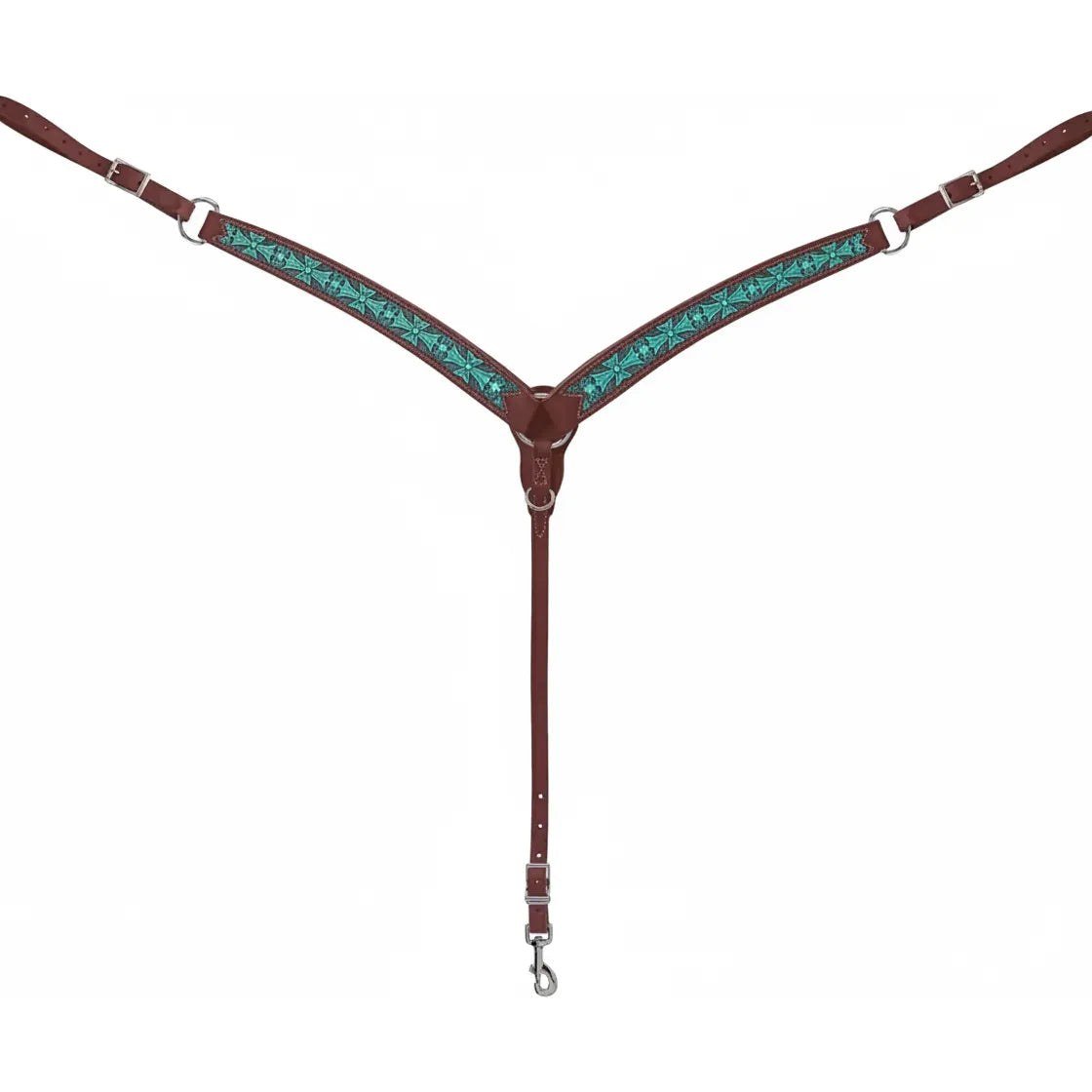 Weaver Leather Turquoise Cross Contoured Skirting Leather Breast Collar in Medium Oil. This western horse tack features vibrant turquoise cross overlays on rich dark brown skirting leather. Designed with a contoured shape for fit and comfort, it includes high-quality silver-tone hardware and adjustable straps. A stylish choice for barrel racing, trail riding, or western pleasure events.