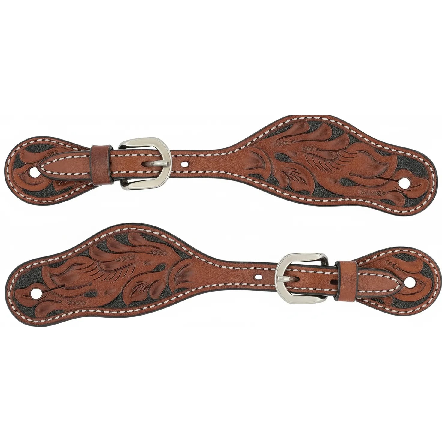 Pair of Weaver Leather floral carved chestnut leather spur straps in pony size. These Western-style straps feature intricate hand-tooled floral patterns with black accents, decorative white perimeter stitching, and durable stainless steel buckles. A stylish and functional equestrian accessory, these premium leather spur straps are perfect for pony riders seeking traditional floral tooling and high-quality craftsmanship.