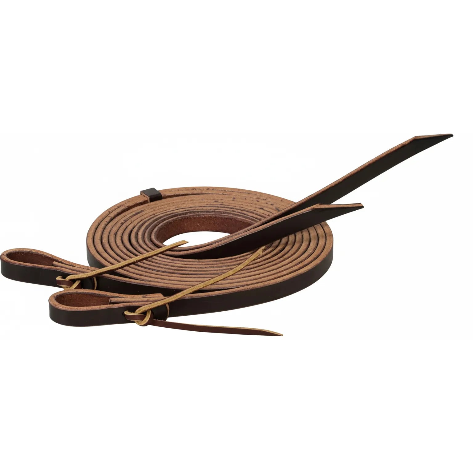 Premium Weaver Leather 7ft Split Reins crafted from high-quality skirting leather in a Dark Oil finish. These professional-grade Western horse reins feature weighted ends for better communication and easy-to-use tie-bit ends. Coiled for display, the rich dark brown cowhide shows superior finish and durability, making them an essential piece of performance horse tack for training and trail riding.
