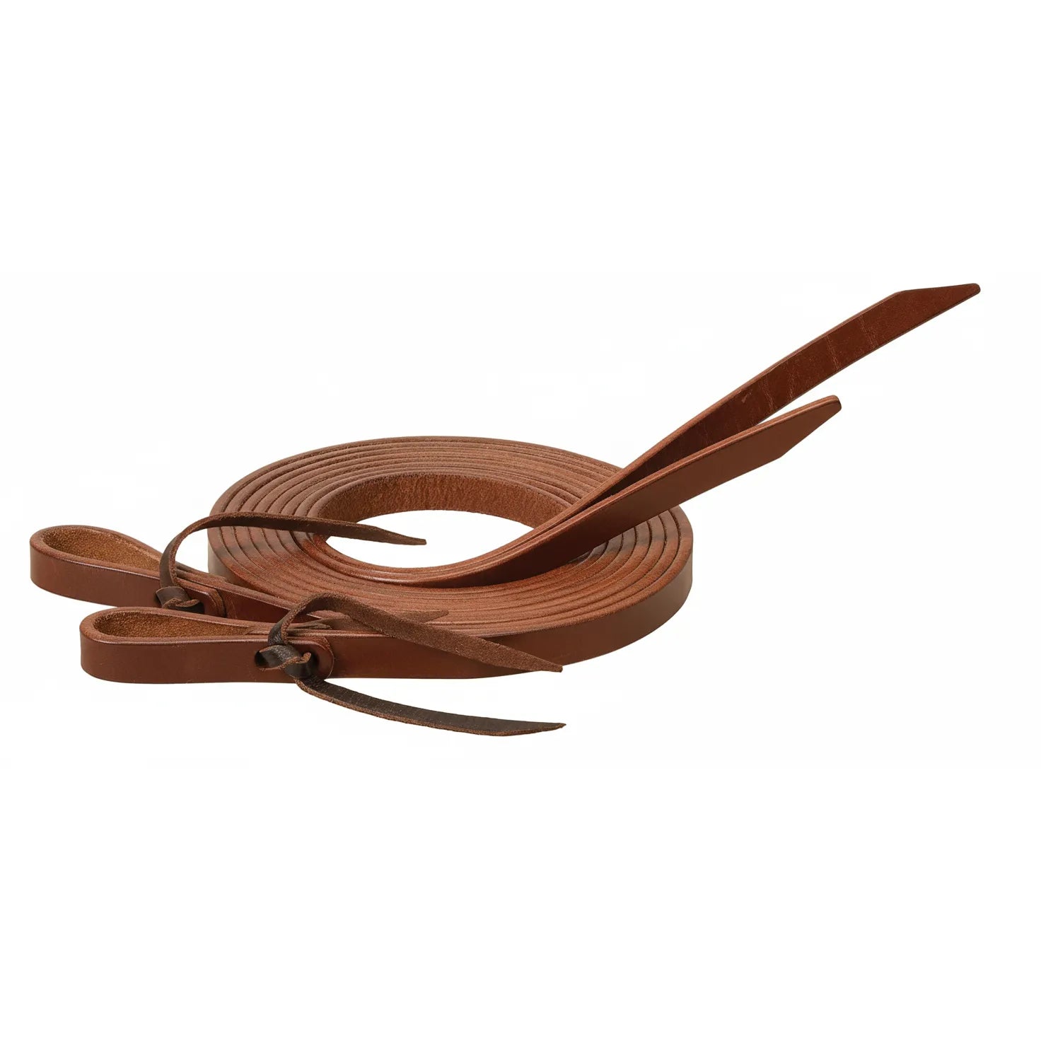 Premium Weaver Leather 5/8" x 7' split reins in medium oiled brown skirting leather. These high-quality western horse reins feature durable water loops with tie-bit ends and tapered poppers for a professional look and feel. Designed for durability and a supple, broken-in grip, these leather reins are essential tack for western riding, training, and trail horse enthusiasts.