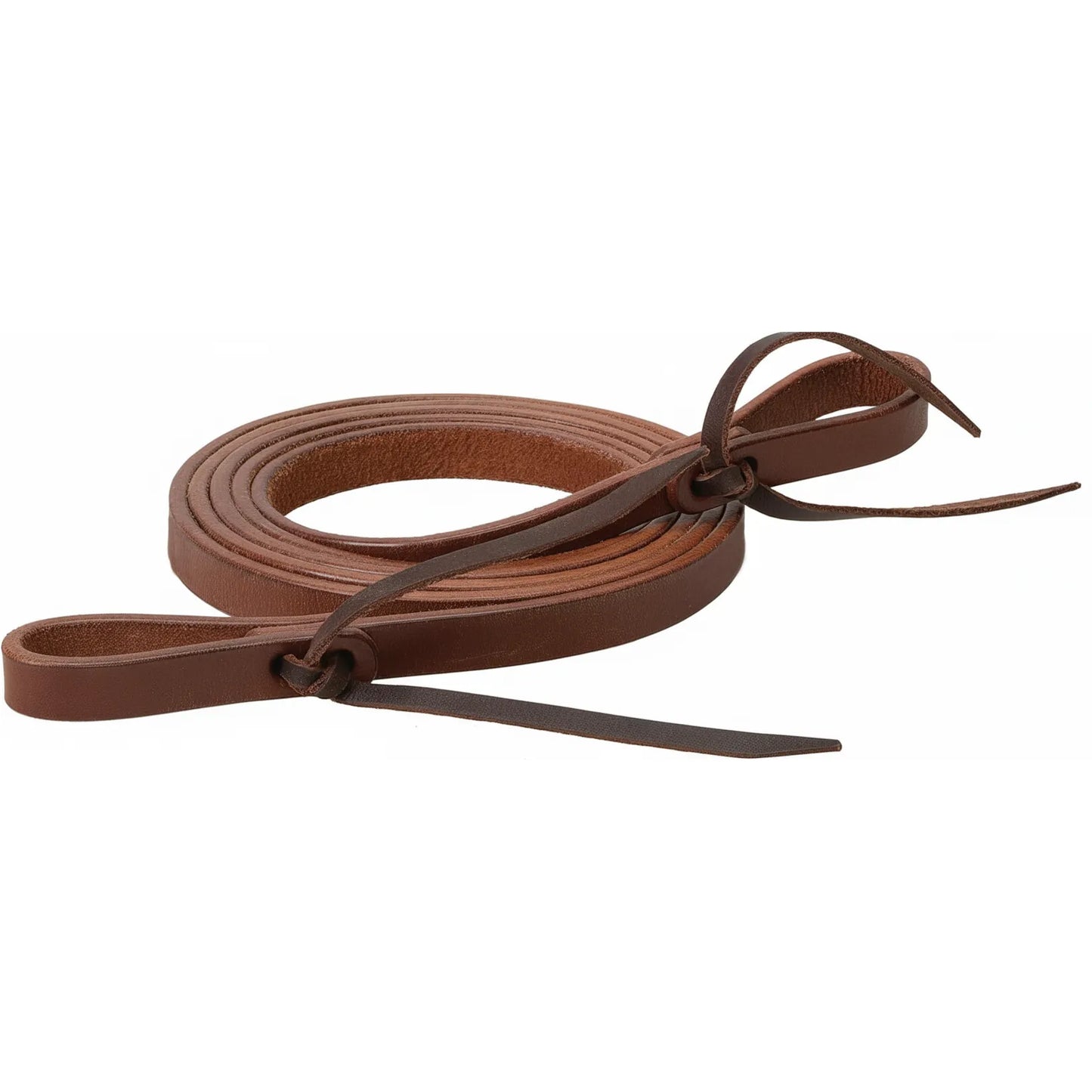Weaver Leather Roper Reins crafted from 5/8" x 7' premium medium oiled skirting leather. This continuous loop western horse rein features a rich brown finish and traditional tie bit ends with latigo laces for secure attachment. Coiled to highlight the thick, high-quality leather texture, these durable reins are ideal for roping, trail riding, and western performance, offering equestrians a professional look and dependable grip.
