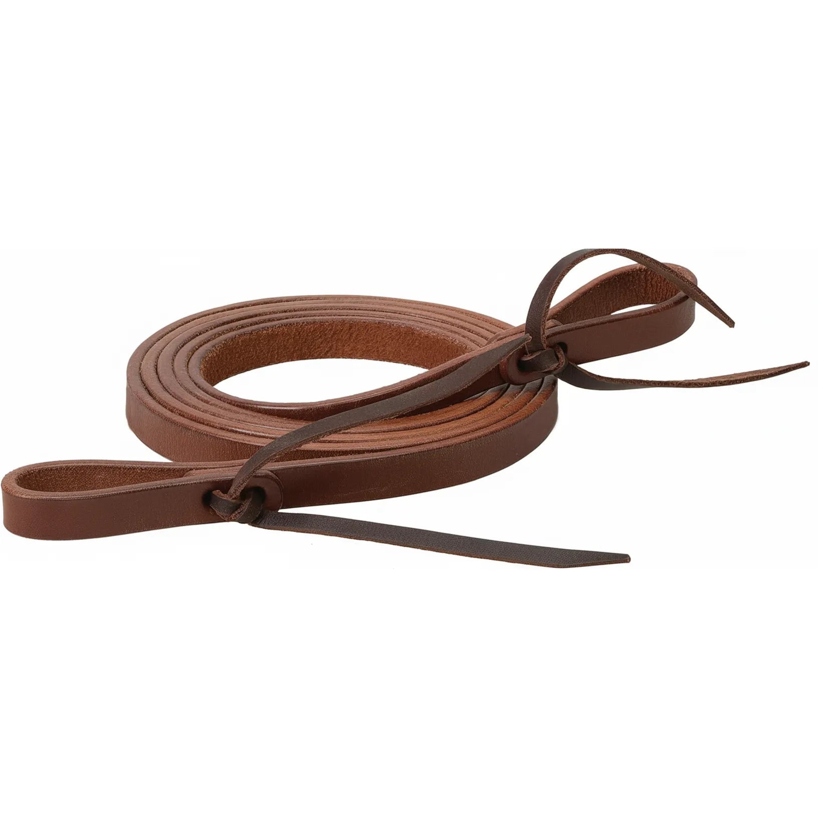 Weaver Leather Roper Reins crafted from 5/8" x 7' premium medium oiled skirting leather. This continuous loop western horse rein features a rich brown finish and traditional tie bit ends with latigo laces for secure attachment. Coiled to highlight the thick, high-quality leather texture, these durable reins are ideal for roping, trail riding, and western performance, offering equestrians a professional look and dependable grip.