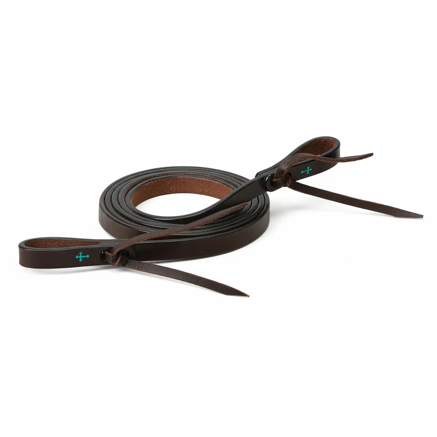 Weaver Leather Premium Oiled Skirting Leather Turquoise Cross Roper Reins, 5/8" x 7'. These high-quality dark brown leather reins feature beautiful embroidered turquoise cross accents and traditional tie-end bit attachments. Supple and durable, these professional-grade horse reins are perfect for western performance, roping, and trail riding.