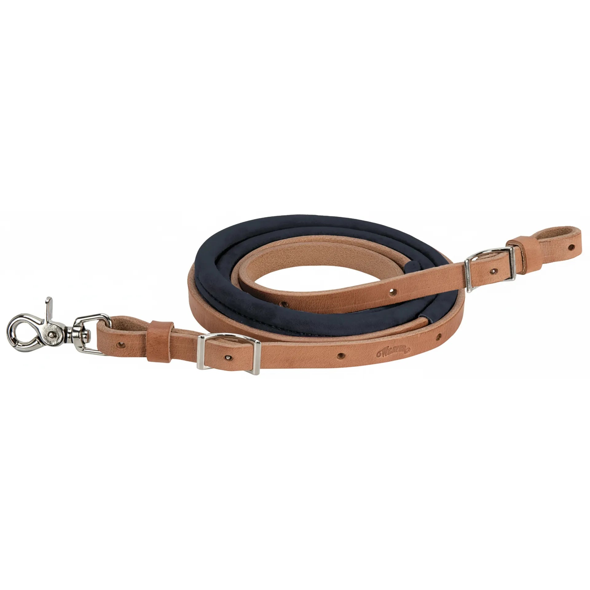 Weaver Leather Suede Covered Russet Harness Leather Barrel Rein in tan and navy. This 5/8" x 8' horse rein features a comfortable suede-covered grip for non-slip control, durable silver-tone adjustable buckles, and a swivel scissor snap. Perfect for barrel racing and equestrian activities, this high-quality leather tack combines classic style with professional performance.