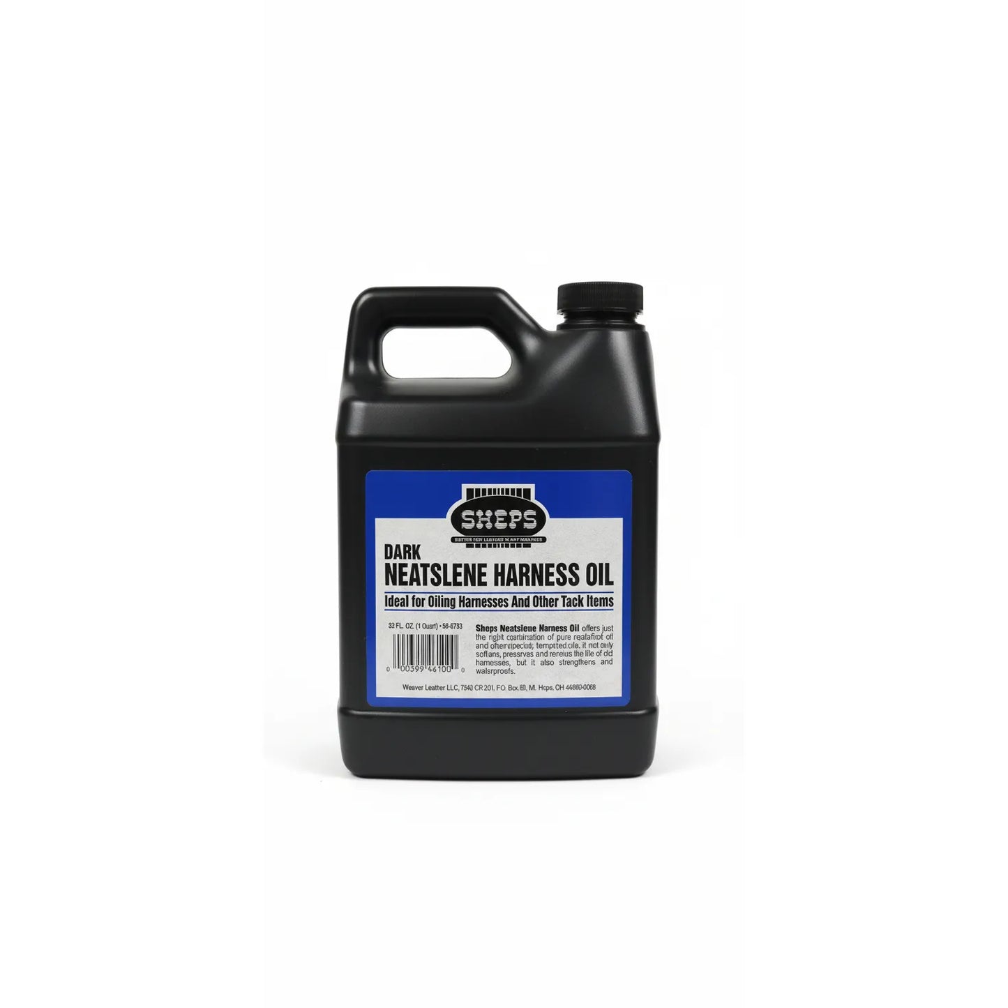 Weaver Leather Sheps Neatslene Harness Oil in a 32oz black jug. This premium dark leather conditioner, preserver, and waterproofing treatment is designed for oiling harnesses and equestrian tack. Essential for horse gear maintenance, it helps soften and protect leather against the elements. A must-have for stable supplies and professional leather care to ensure the longevity and durability of your tack items.