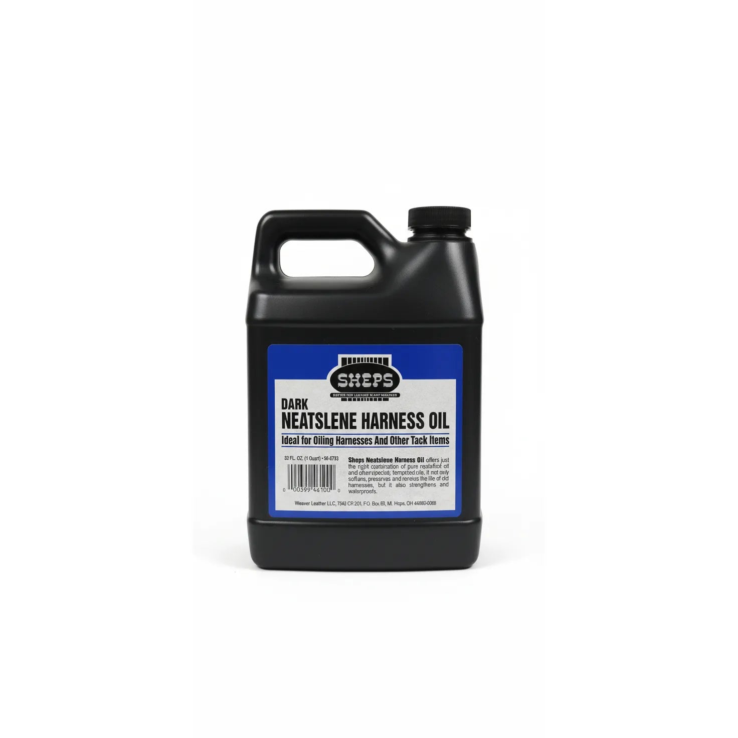 Weaver Leather Sheps Neatslene Harness Oil in a 32oz black jug. This premium dark leather conditioner, preserver, and waterproofing treatment is designed for oiling harnesses and equestrian tack. Essential for horse gear maintenance, it helps soften and protect leather against the elements. A must-have for stable supplies and professional leather care to ensure the longevity and durability of your tack items.