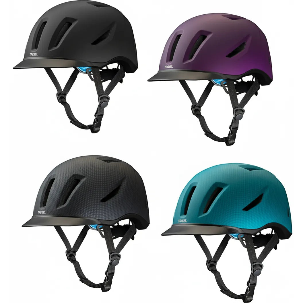 Troxel Terrain low-profile equestrian safety helmets shown in four stylish colors: Matte Black, Plum Purple, Carbon Fiber, and Teal Blue. These ventilated horse riding helmets feature 12 cooling vents, a sleek integrated visor, and adjustable chin straps for a secure fit. Lightweight and durable, these Troxel helmets offer a modern look and superior protection for equestrian riders of all levels. Perfect for trail riding, schooling, or competitive events.
