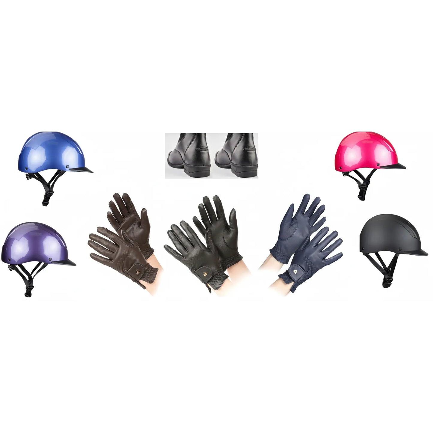 Shires Young Rider Starter Kit Bundle featuring essential equestrian gear: Karben horse riding helmets in glossy blue, purple, pink, and matte black; Moretta Clio black leather paddock boots; and stylish riding gloves in brown, black, and navy blue. This high-quality horse riding equipment set is perfect for beginners, offering safety and style for young riders in one convenient bundle. Ideal for equestrian lessons and competitive riding.