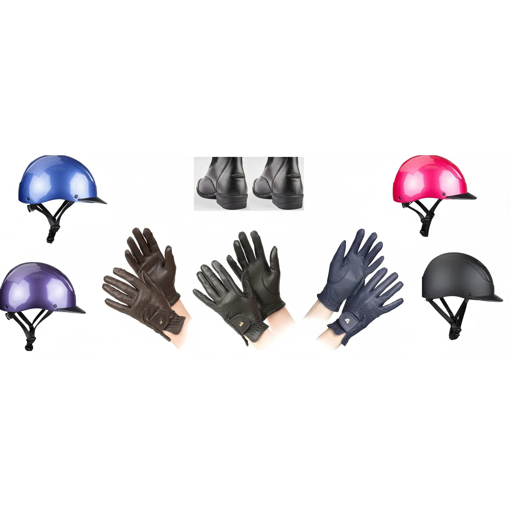 Shires Young Rider Equestrian Starter Kit featuring colorful Karben horse riding helmets in blue, purple, pink, and matte black. The set includes Moretta Clio black leather paddock boots and equestrian riding gloves in brown, black, and navy blue. This essential horse riding gear for beginners provides safety and style for young equestrians, perfect for lessons and stable work.