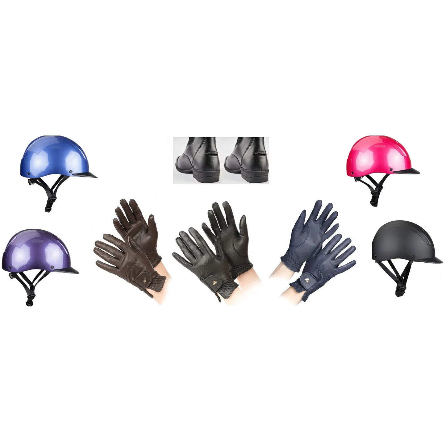 Shires Young Rider Equestrian Starter Kit Bundle featuring a Karben riding helmet (shown in pink, blue, purple, and black), Shires equestrian gloves in navy, brown, and black, and Moretta jodhpur boots. This complete horse riding set provides essential safety gear and stylish apparel for beginner youth riders. Perfect for horse riding lessons and pony club activities. High-quality, durable equestrian equipment for children and teenagers.