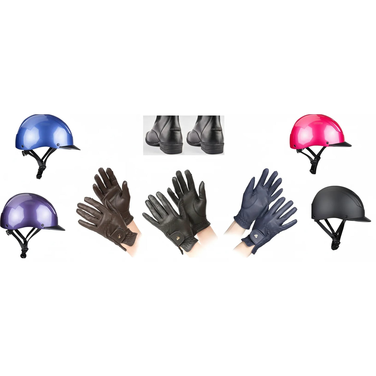 Shires Young Rider Equestrian Starter Kit Bundle featuring Karben horse riding helmets in shiny pink, blue, purple, and matte black. Includes black Moretta Clio paddock boots and children’s equestrian gloves in brown, black, and navy. This complete beginner’s set provides essential safety and style for young riders at the barn, pony club, or during lessons. A perfect horse riding gift set for kids.