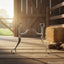 Myler MB 33 Sweet Iron Ported Barrel Curb Bit on a wooden barn floor with sunlight, hay bale, and leather tack in the background, showcasing equestrian equipment.