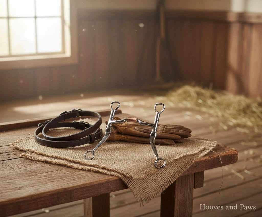 Myler MB 04 Snaffle Bit of sweet iron with copper inlay, shown with brown leather riding gloves and reins on a rustic wooden table in a sunlit barn.