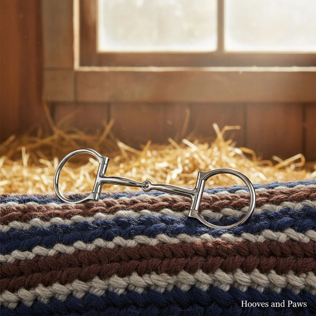 Shiny Myler Western Dee Snaffle Bit with sweet iron and copper inlay, featuring Dee rings and a jointed mouthpiece, resting on a colorful striped horse blanket in a sunlit barn.