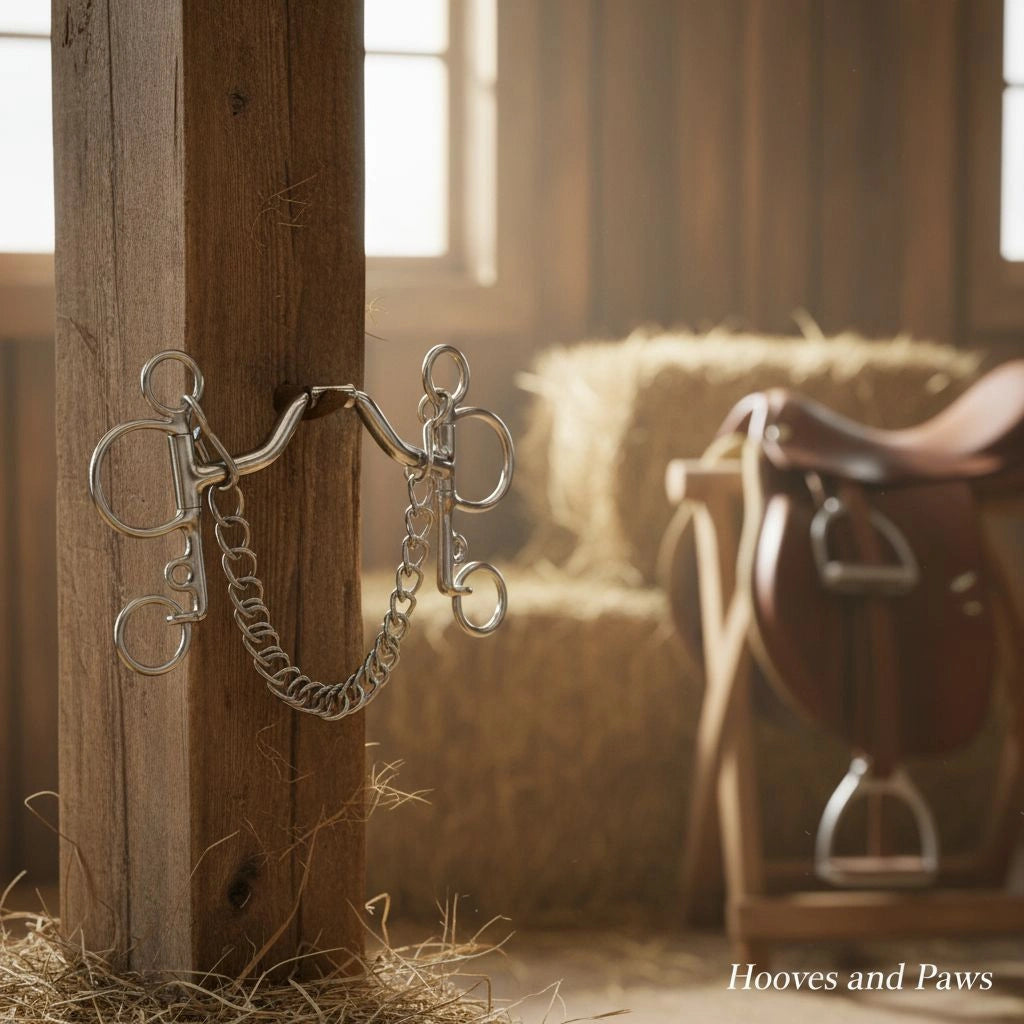 Stainless steel Myler Pelham Bit MB 33 with a ported barrel and curb chain, hanging on a wooden post in a barn with hay bales and a saddle in the background.