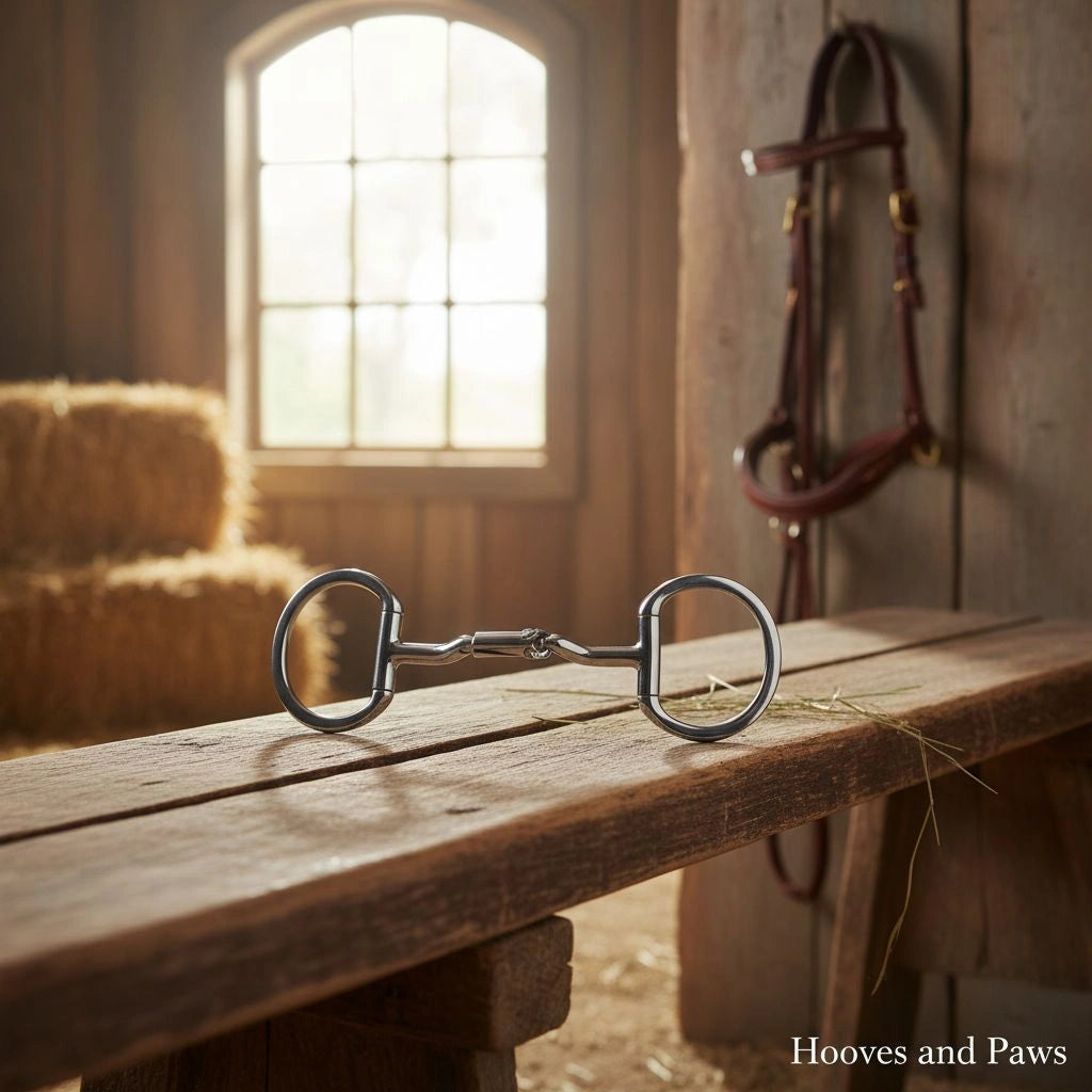 Myler Eggbutt Snaffle Bit MB 36, silver, lying on a rustic wooden bench in a sunlit barn. Hay bales and a leather bridle are visible in the background. Dressage legal horse tack.