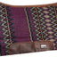 Patterned saddle pad with brown border and visible brand logo on a white background