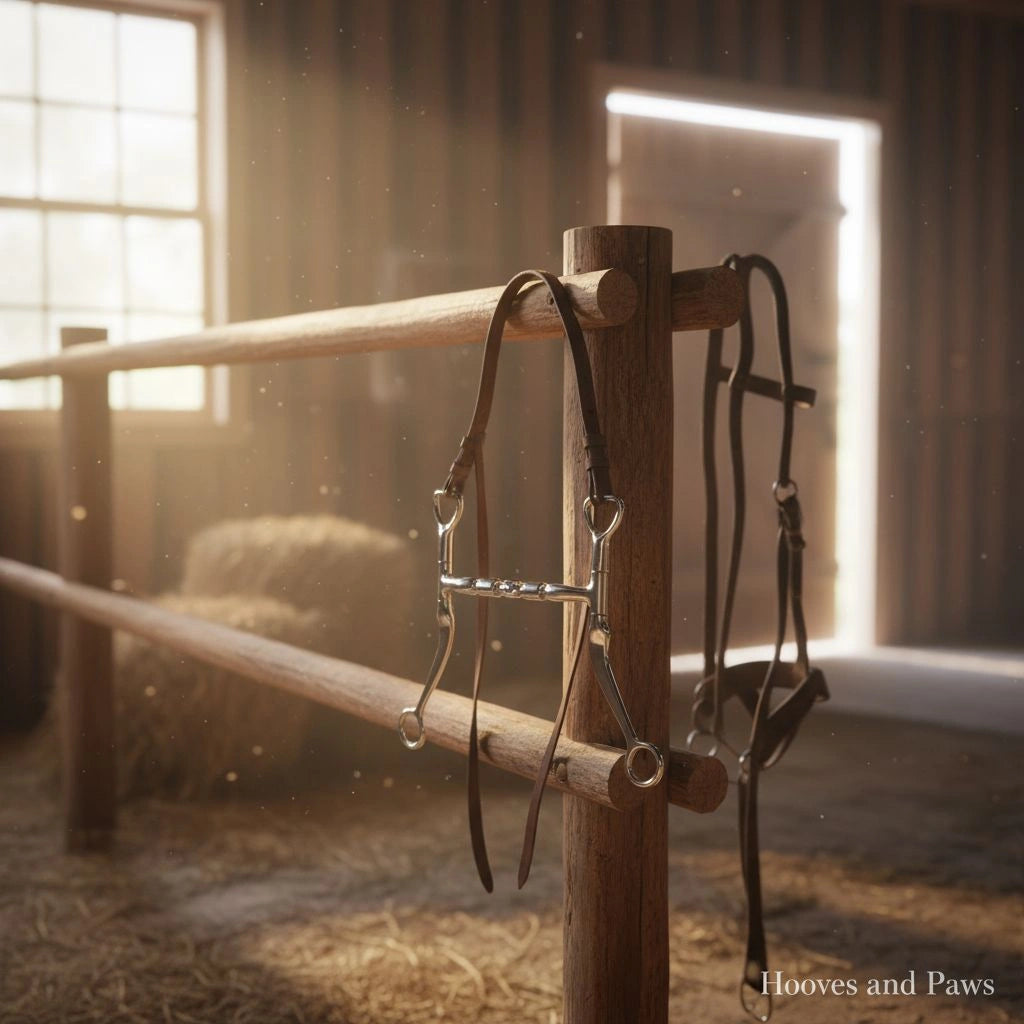 Myler MB 32-3 Mullen Barrel Bit with sweet iron barrel and stainless steel cheeks, featuring brown leather straps, hanging on a wooden rail in a sunlit barn.