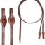 Brown leather bridle reins on a white background