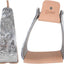 Pair of silver stirrups with intricate designs and tan leather straps on a white background, featuring the Cashel brand.