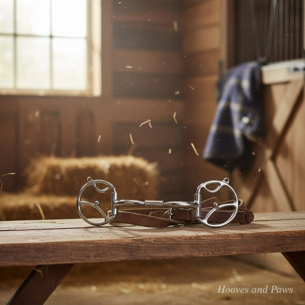 Myler 5" Western Dee with Hooks and Comfort Snaffle Wide Barrel MB 02 #89-19025 horse bit, silver-toned equestrian tack with brown leather straps, resting on a rustic wooden surface in a sunlit barn with hay bales and airborne dust.
