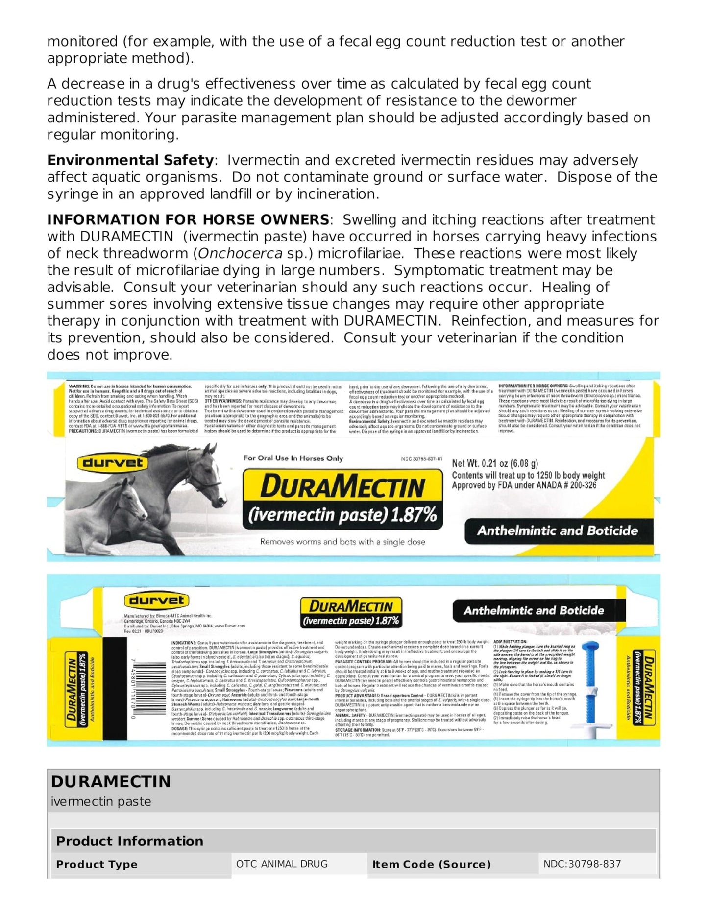 durvet Duramectin Ivermectin Paste 1.87% for Horses, 0.21 oz (Pack of 2)