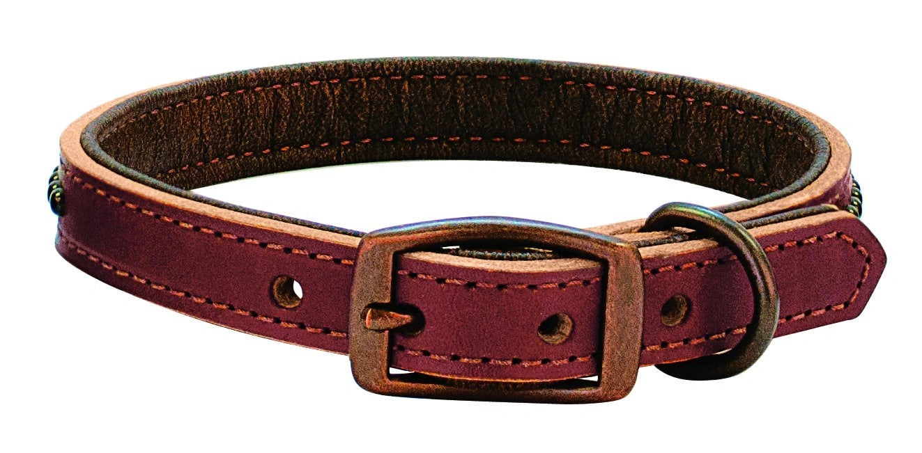 Weaver Leather Outlaw Dog Collar - Golden Brown Single-Ply Harness Leather with Black Dots & Wheat Stitching
