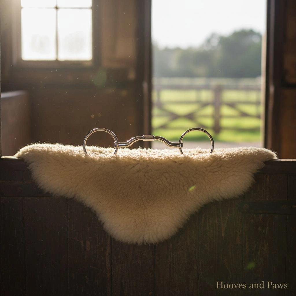Myler MB 33 Loose Ring Snaffle horse bit resting on a cream sheepskin pad in a sunlit stable, with an open door revealing a green paddock, emphasizing superior tongue relief and dressage legal design.