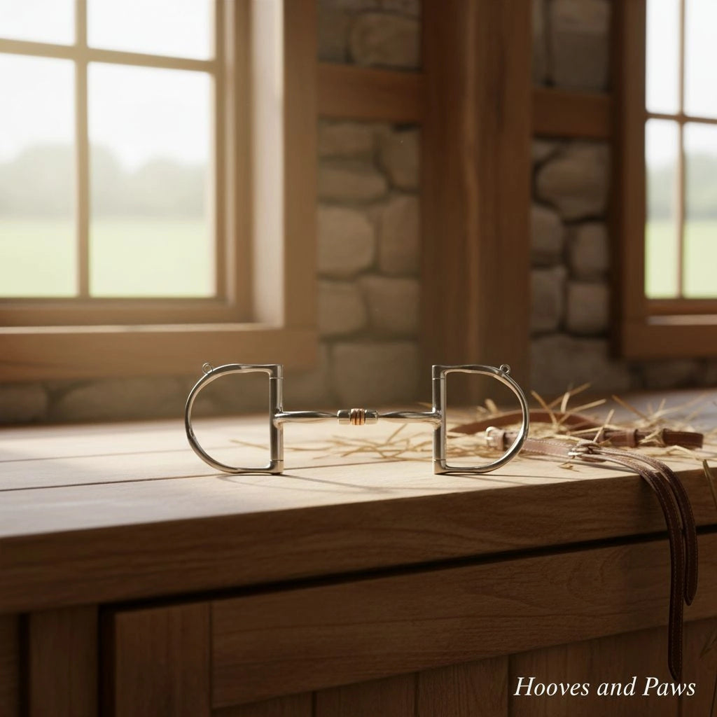 Myler 5" English Dee with Hooks and Comfort Snaffle with Copper Roller MB 03 #89-22035 horse bit, silver-toned with a copper accent, lies on a wooden surface in a sunlit stable setting with a bright window view of a green field.