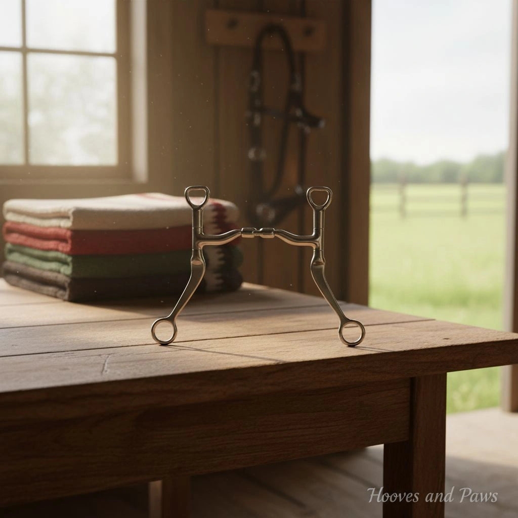 Myler MB 36 Sweet Iron Ported Barrel Curb Bit, a shiny metal horse bit, stands upright on a rustic wooden table in a sunlit stable, with folded saddle blankets and a green field visible in the background.