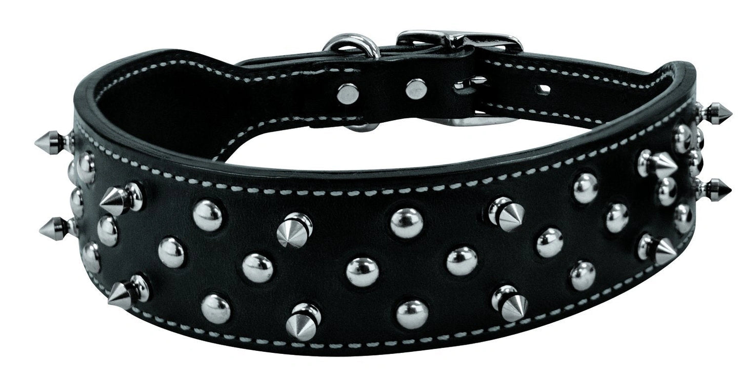 Weaver Leather Pet Spike Collar - Black English Bridle Leather, Doubled and Stitched with Nickel-Plated Spikes
