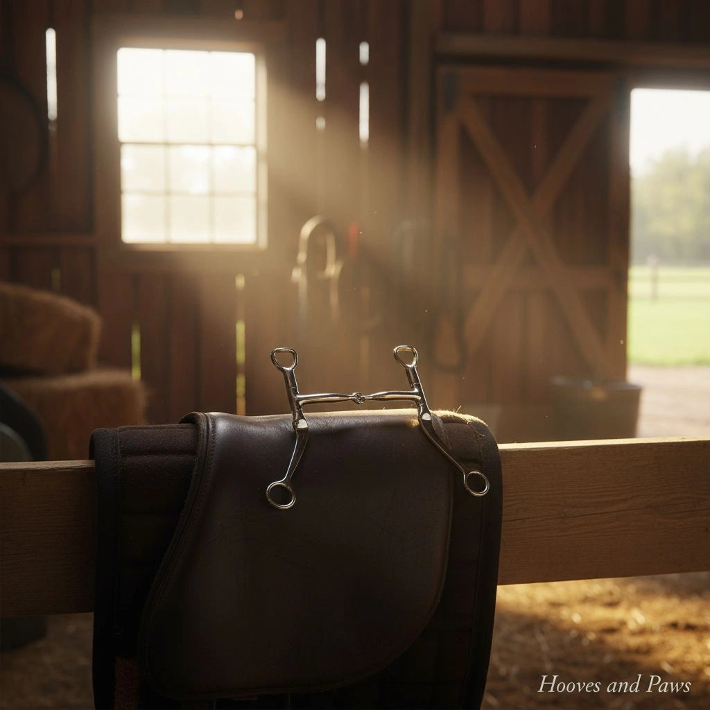 Myler MB 09 Sweet Iron Snaffle Bit (5-inch mouth, Level 1 for horses) on a brown leather saddle in a sunlit barn.