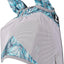 Equestrian fly mask with blue leaf pattern on a white background