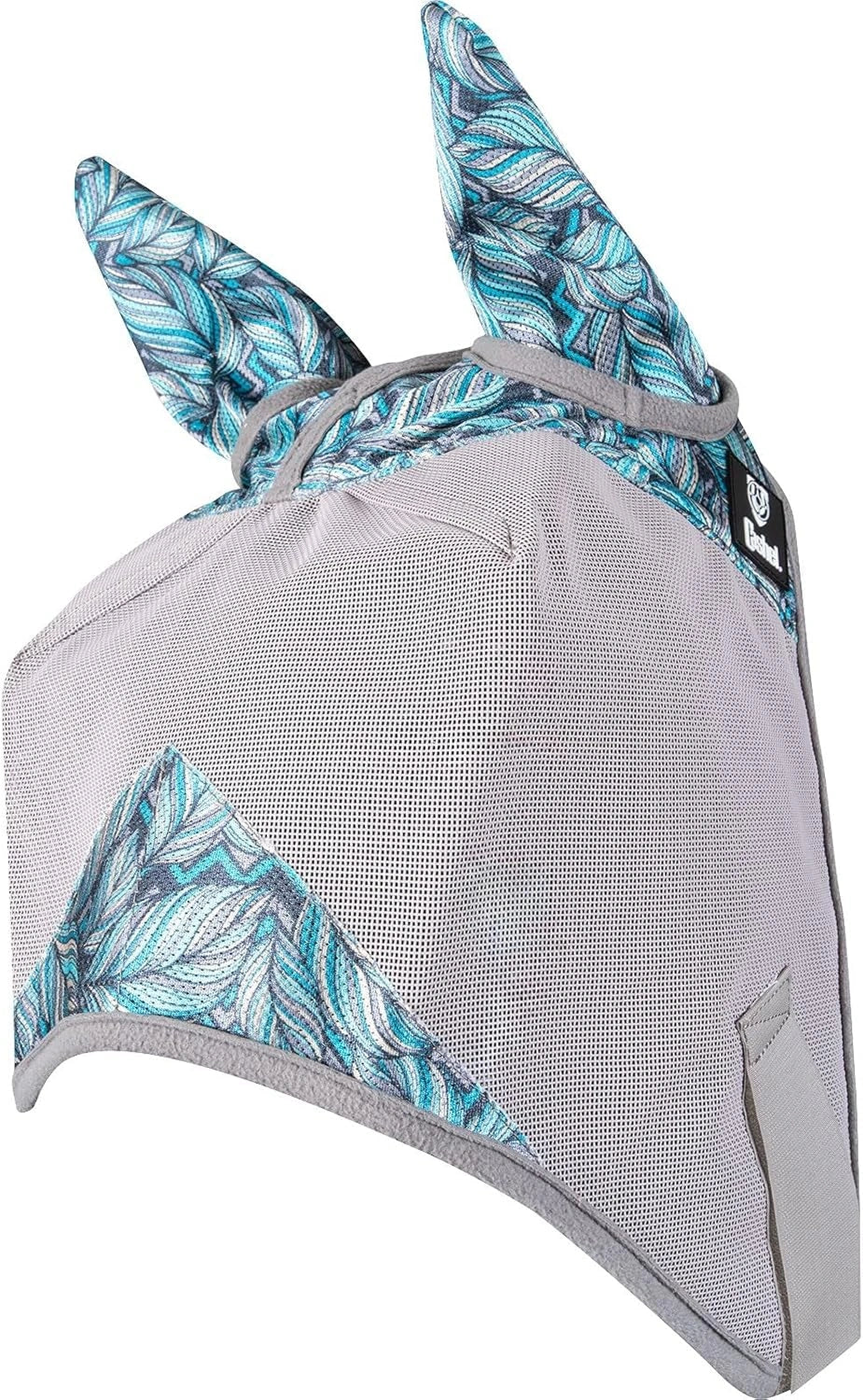 Equestrian fly mask with blue leaf pattern on a white background