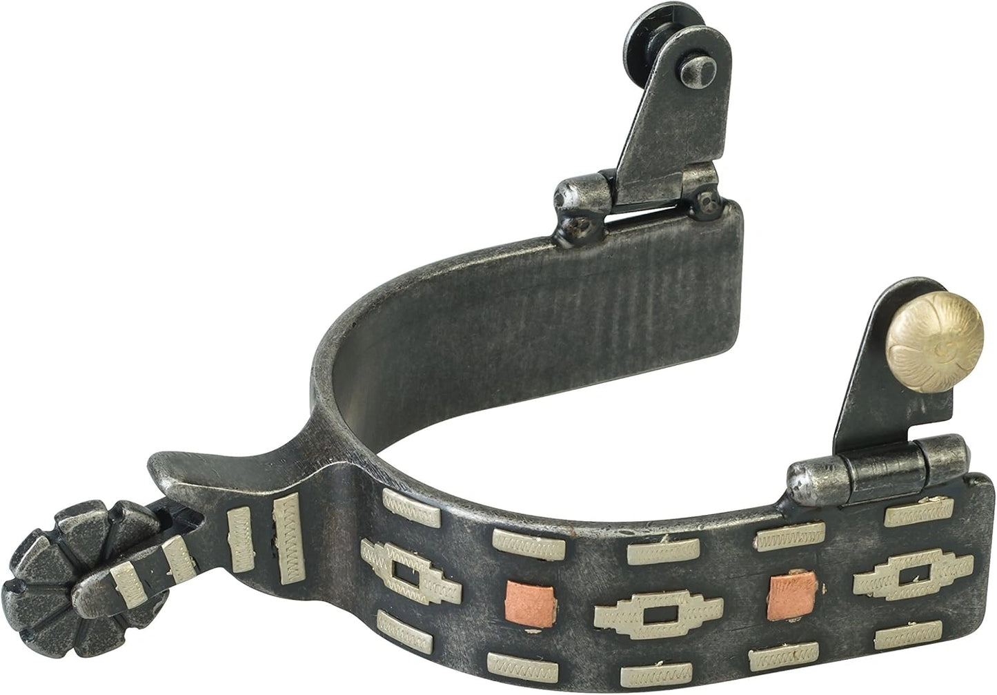 Weaver Leather Men's Raw Steel Spurs with Aztec Trim & Copper Dots - 1-1/2" Shank, 1" Band, 8-Point Rowel