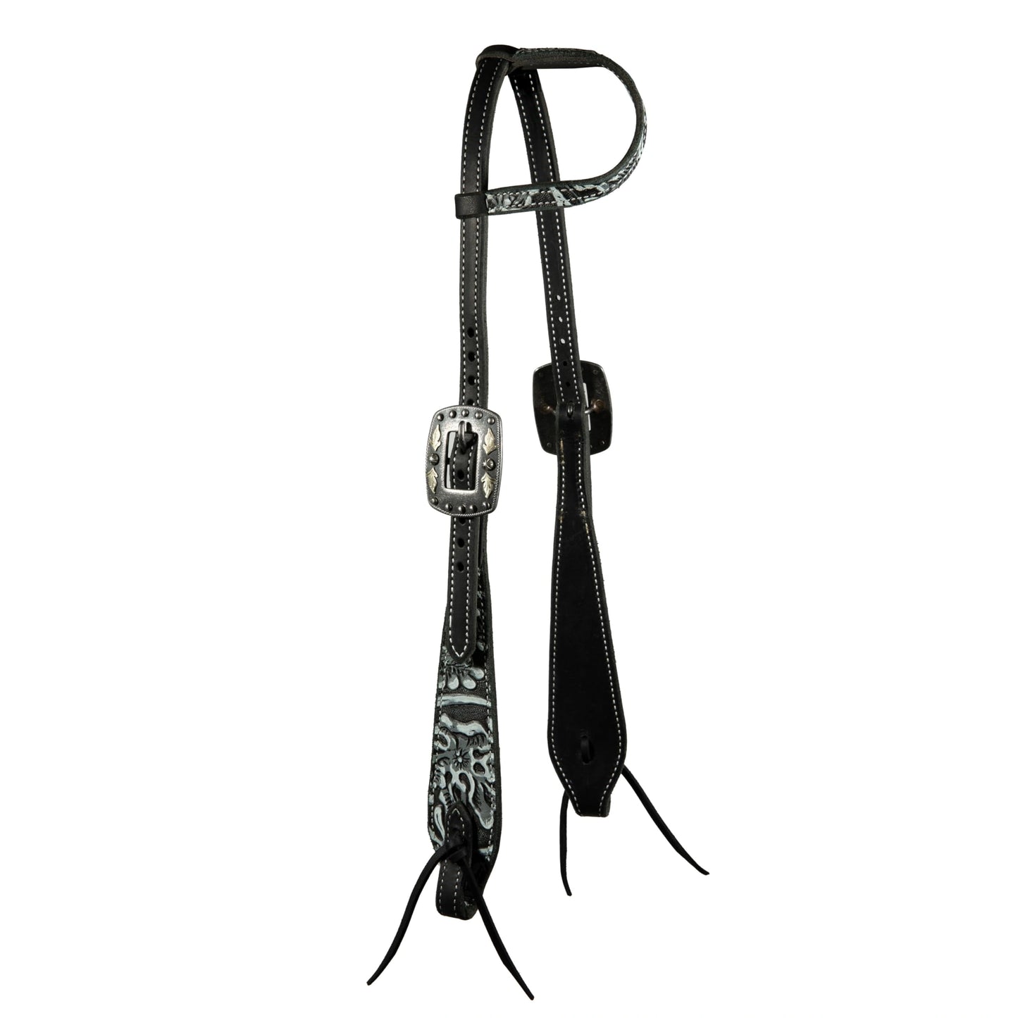 Professional's Choice Swell Cheek Paisley Headstall |Black Latigo Leather with a Black and White Paisley Overlay | Black lace tie at The bit | Available in One-Ear and Browband