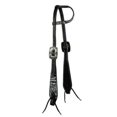 Professional's Choice Swell Cheek Paisley Headstall |Black Latigo Leather with a Black and White Paisley Overlay | Black lace tie at The bit | Available in One-Ear and Browband