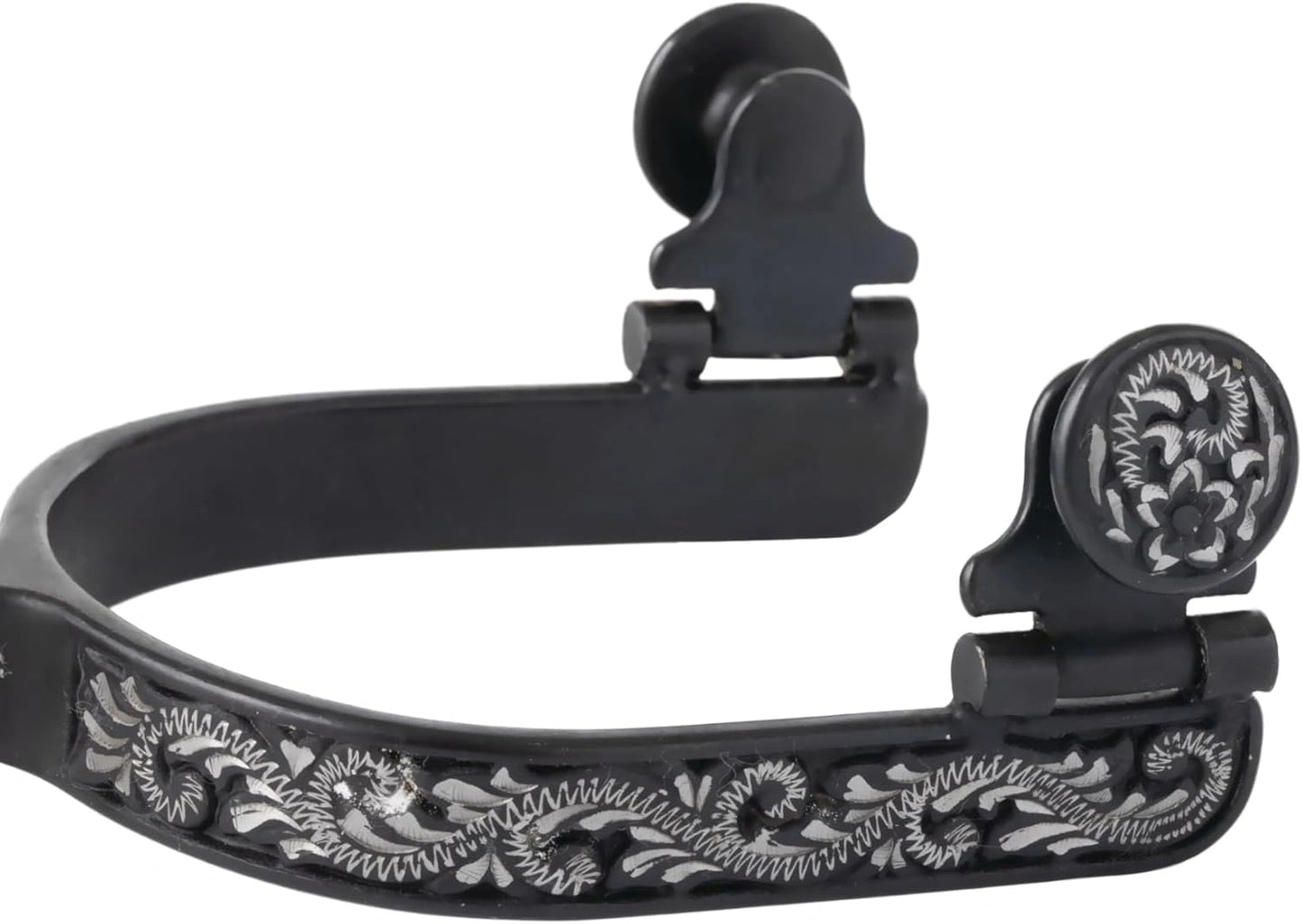 Weaver Leather Ladies' Engraved Black Steel Spurs - 1-3/4" Shank, 5/8" Band, Cloverleaf Rowel