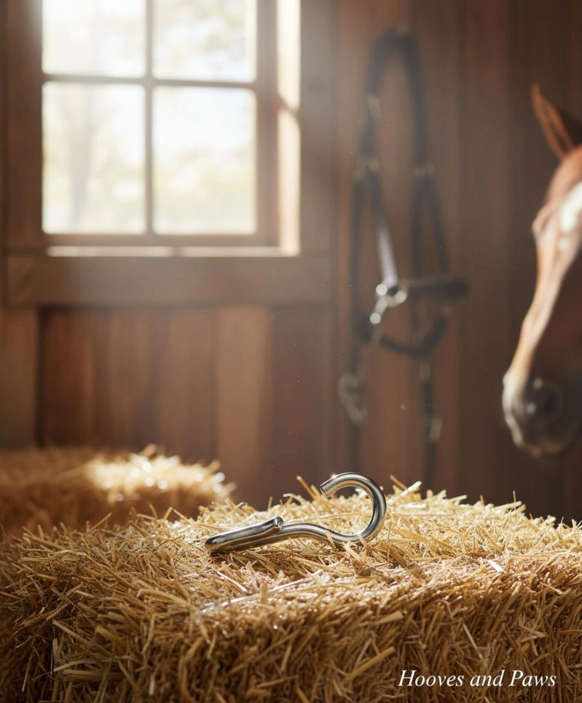 Myler Stainless Steel J Hook #89-0010 on a straw bale in a sunlit barn with horse tack and a horse.