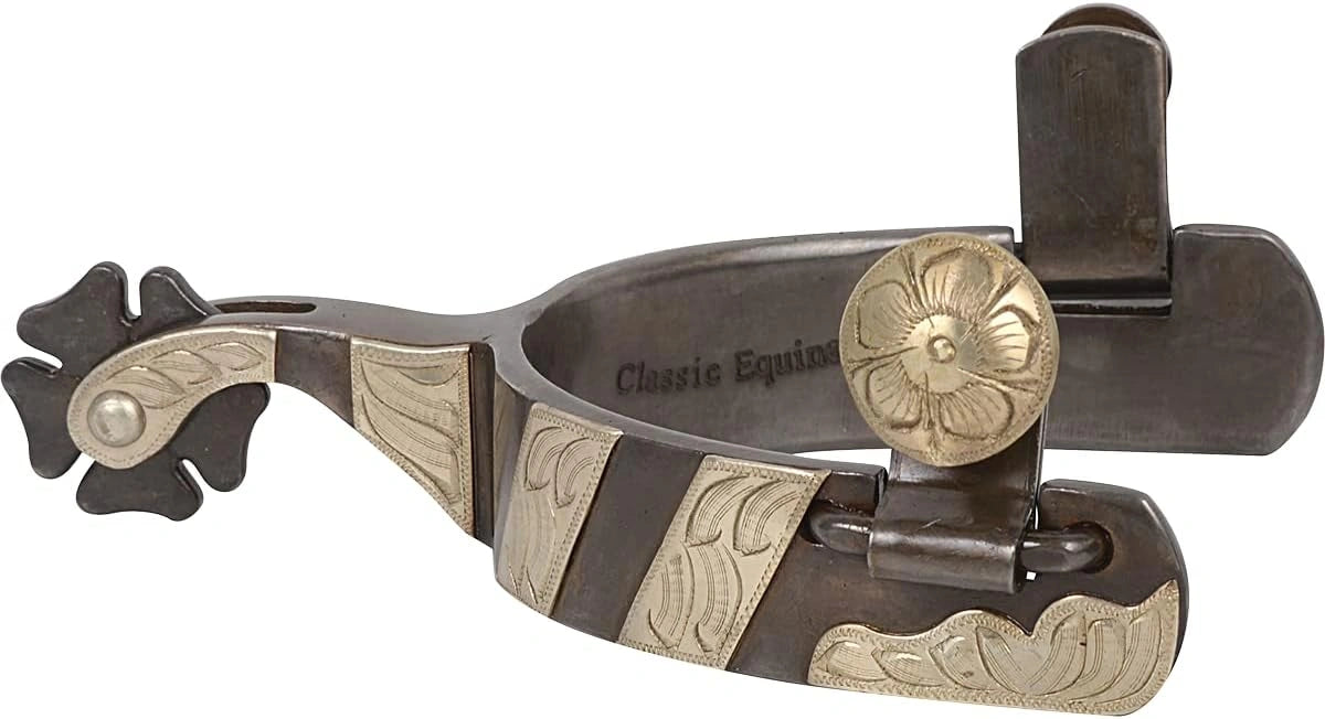 Classic Equine Silver Clover Spurs - 1-inch Band, 5-Point Rowel, Antique Silver with Copper Accents