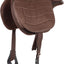 Brown leather saddle with girth straps on a white background