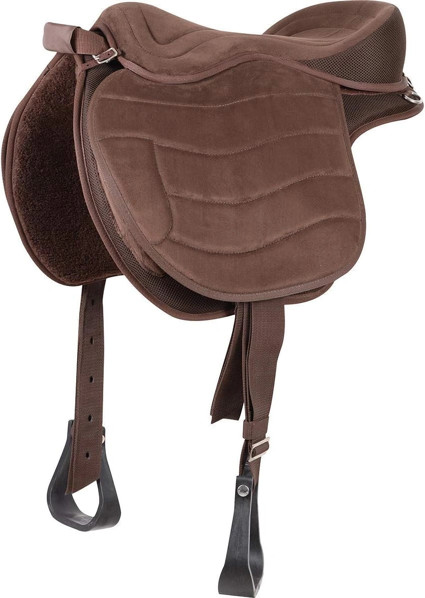 Brown leather saddle with girth straps on a white background