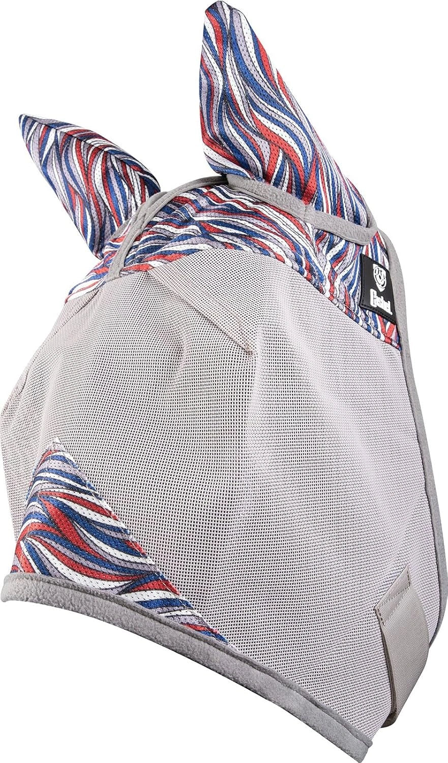 Gray horse fly mask with colorful patterned ears on a white background