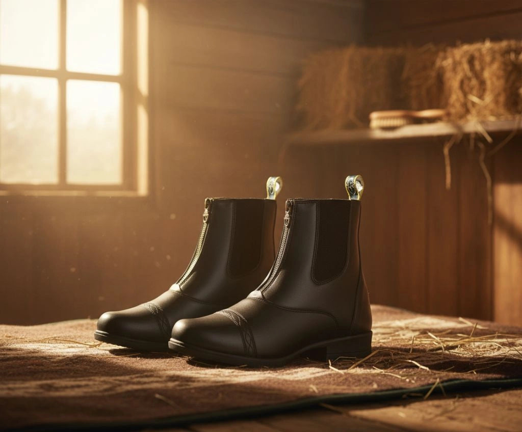 Black Shires Moretta Clio Plus adult or child's paddock boots with front zippers, elastic sides, and decorative pull tabs, set in a warm, sunlit stable with hay bales.