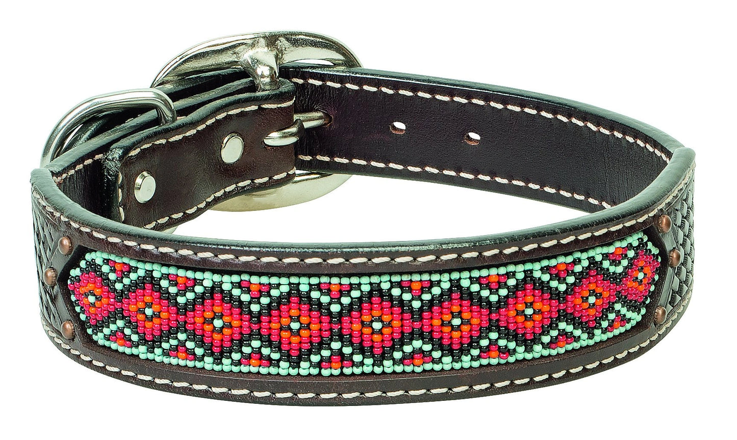 Weaver Leather Beaded Aztec Leather Dog Collar with Basketweave Tooling and Antique Copper Spots - 3/4" x 13"