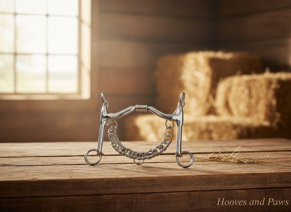 Myler 5 1/2" Weymouth Low Port Barrel horse bit with chain, on a rustic wooden table in a sunlit barn with hay bales.